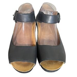 Dansko Tiana Black Leather Open Toe Wedge Sandals Adjustable Buckle Size US 9